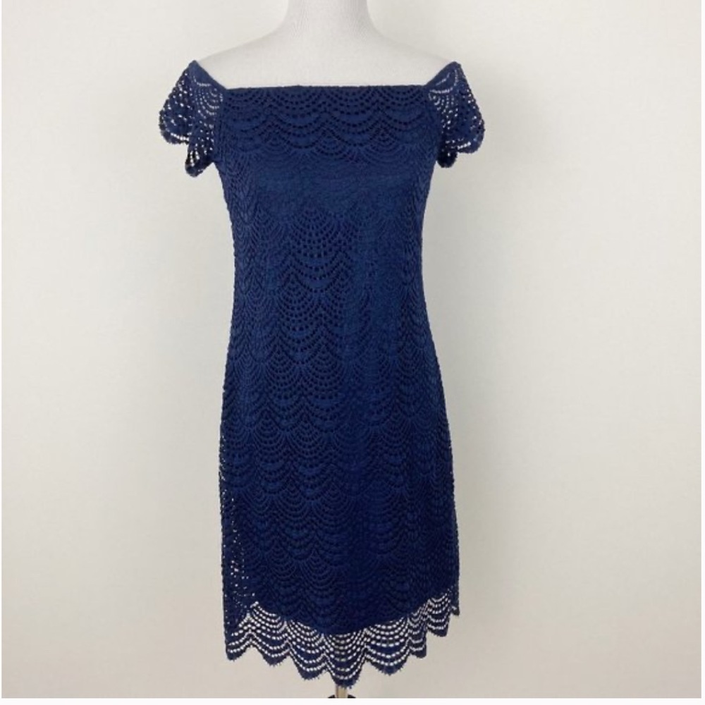 Lilly Pulitzer Jade Dress In True Navy Scalloped Shell Lace Size XS Off Shoulder - Picture 6 of 12